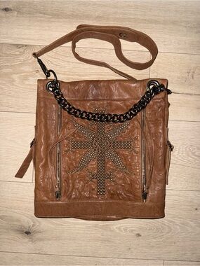 Thomas Wylde Brown Leather Cross Studded Crossbody Bag w/  Chain Shoulder Strap